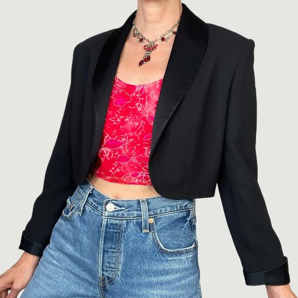 Cache satin cropped tuxedo blazer jacket cocktail evening black vintage 90s Y2K - Picture 1 of 14